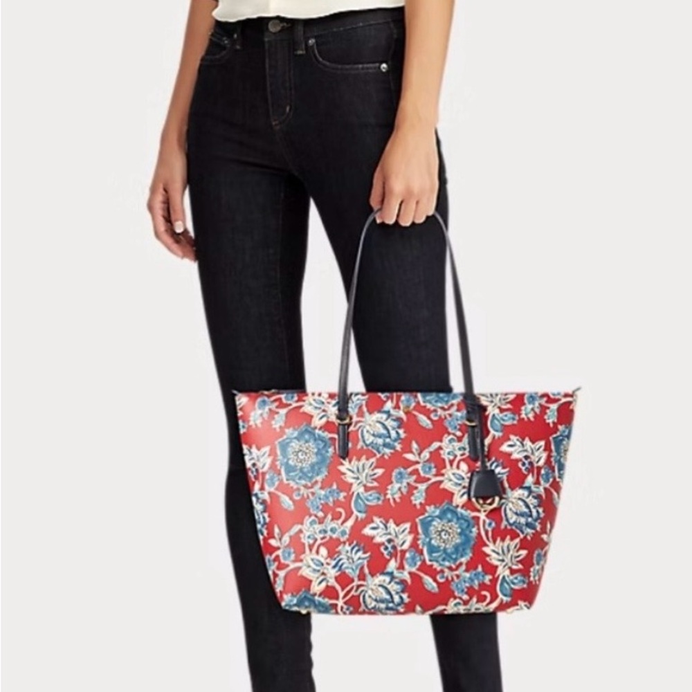 Ralph Lauren Red Floral Print Tote with Blue Accents - Picture 4 of 4